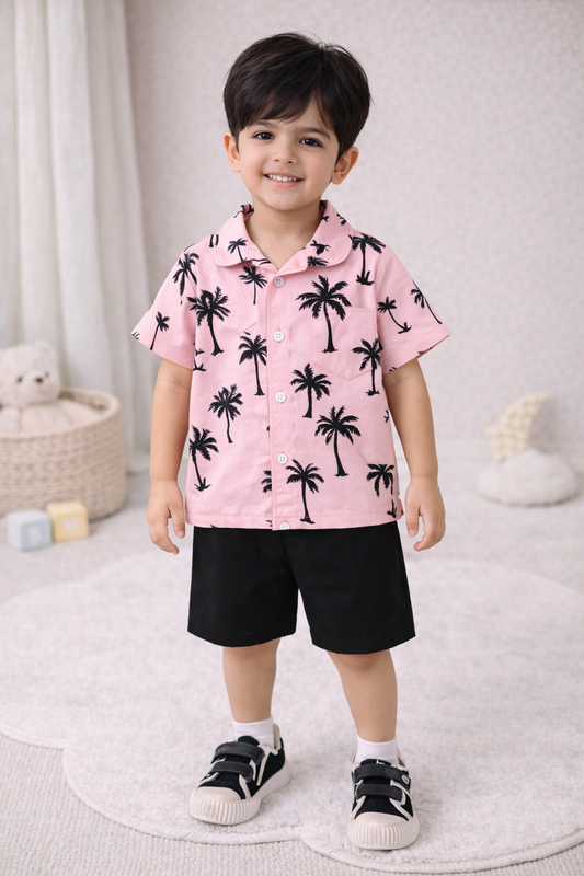 Toddler Boy 2-Piece Pink Palm Tree Print Shirt and Solid Black Shorts Set