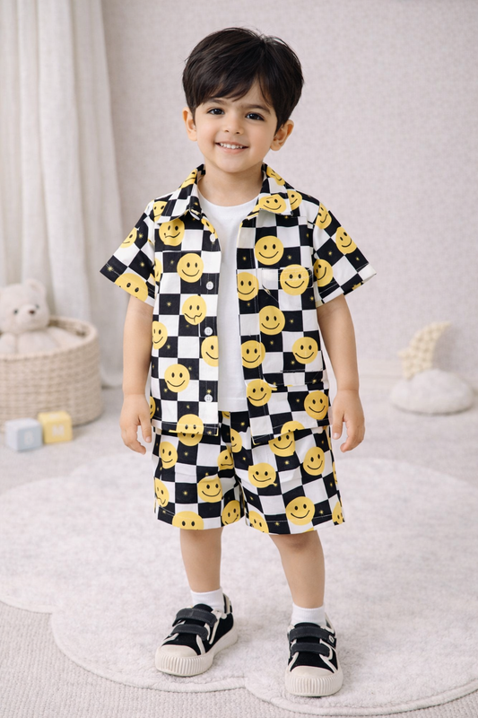 Toddler Boy 2-Piece Smiley Face Checkerboard Shirt and Shorts Set