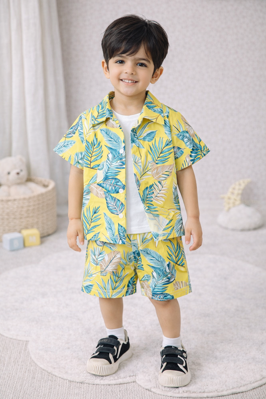 Boys' Tropical Leaf Print 2-Piece Resort Set – Sunburst Yellow