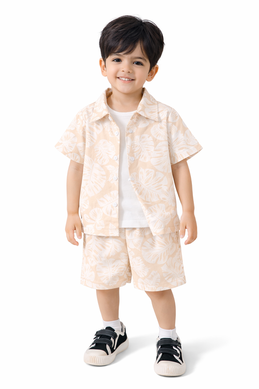 Boys' "Coastal Calm" Tropical Leaf 2-Piece Resort Set – Sandstone Beige