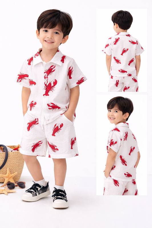 Boys' "Maine Event" Lobster Print 2-Piece Summer Set – Nautical White