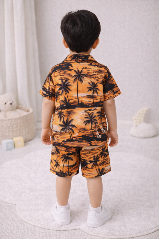 Toddler Boy 2-Piece Sunset Orange Beach Palm Tree Print Shirt and Shorts Set