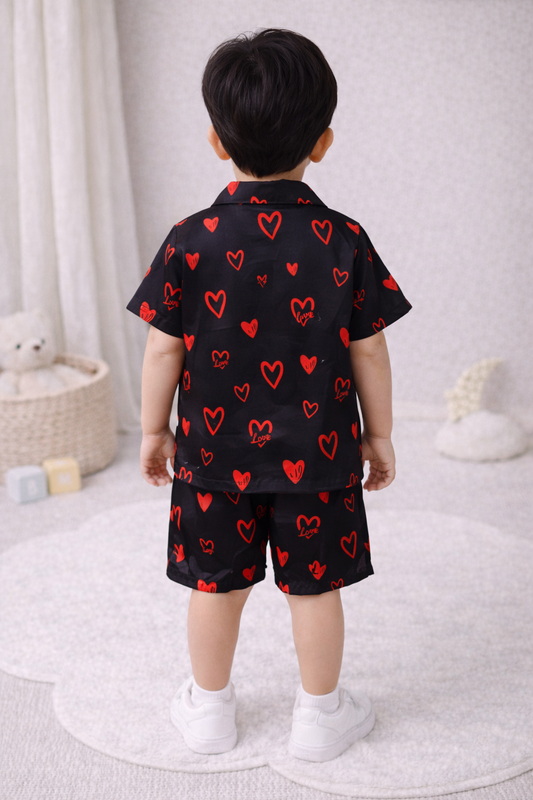 Toddler Boy 2-Piece Black and Red Heart Print Button-Down Summer Set
