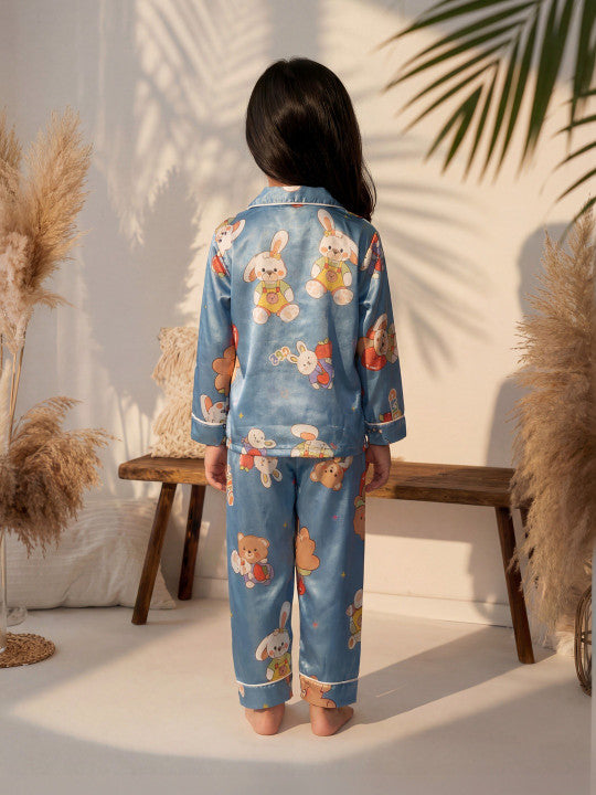 Cute Cartoon Satin Kids Night Suit Set – Blue Pajama Set