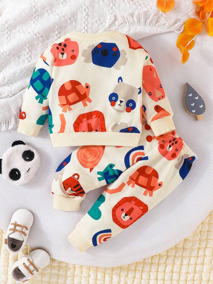 Bwools Cream Cartoon  Print Sweatshirt And Sweatpants Two piece Set