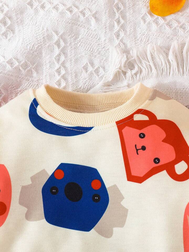 Bwools Cream Cartoon  Print Sweatshirt And Sweatpants Two piece Set