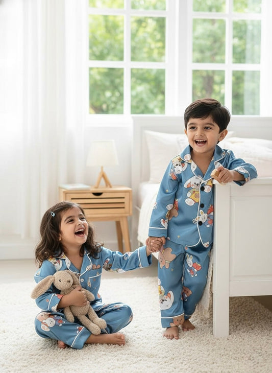 Cute Cartoon Satin Kids Night Suit Set – Blue Pajama Set