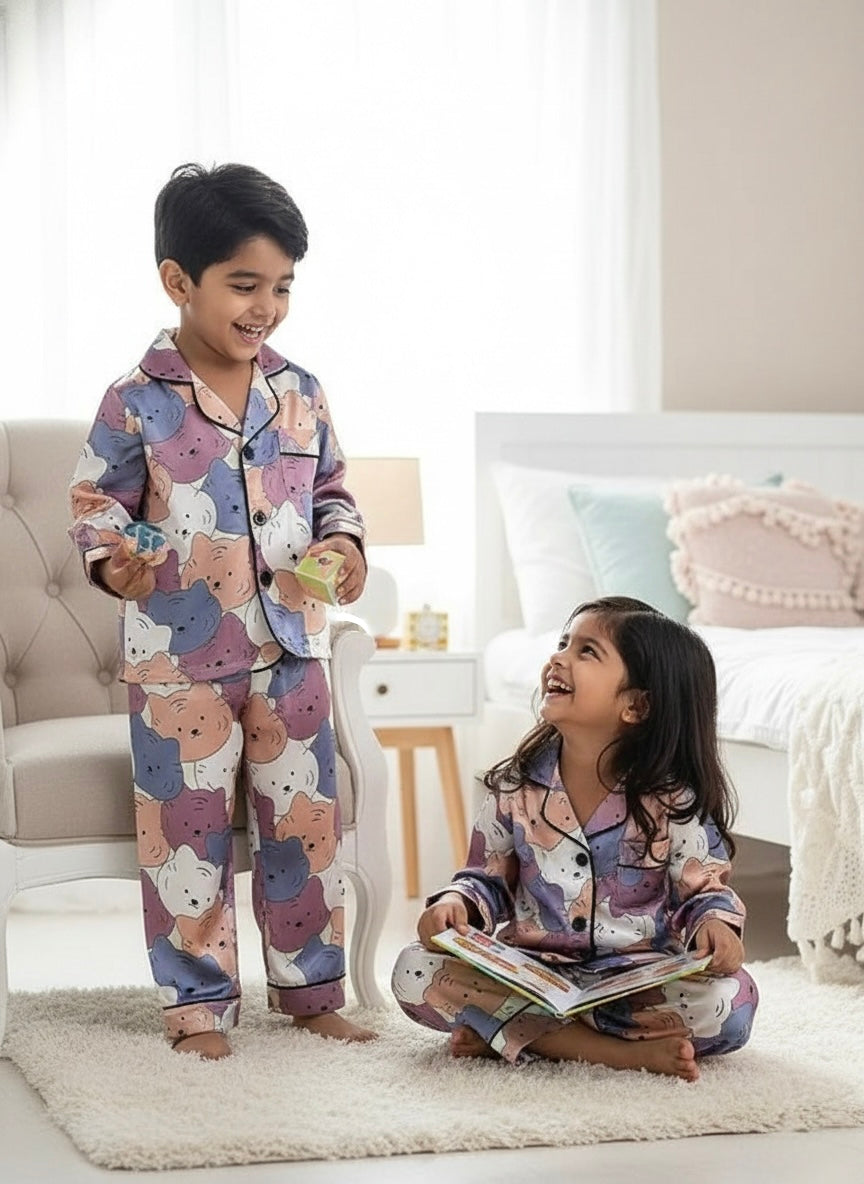 Kids Multicolor Cartoon Satin Night Suit Set – Soft Full Sleeve Pajama Set