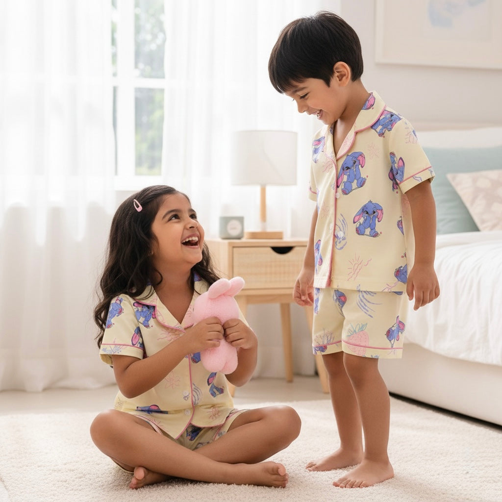 Kids Cream Cartoon Satin Night Suit Set – Cute Blue Character Pajama Set for Girls