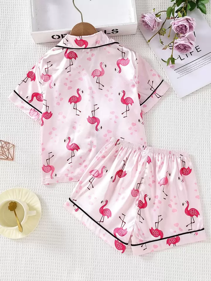 Girls Pink Flamingo Satin Night Suit Set – Premium Full Sleeve Pajama Set