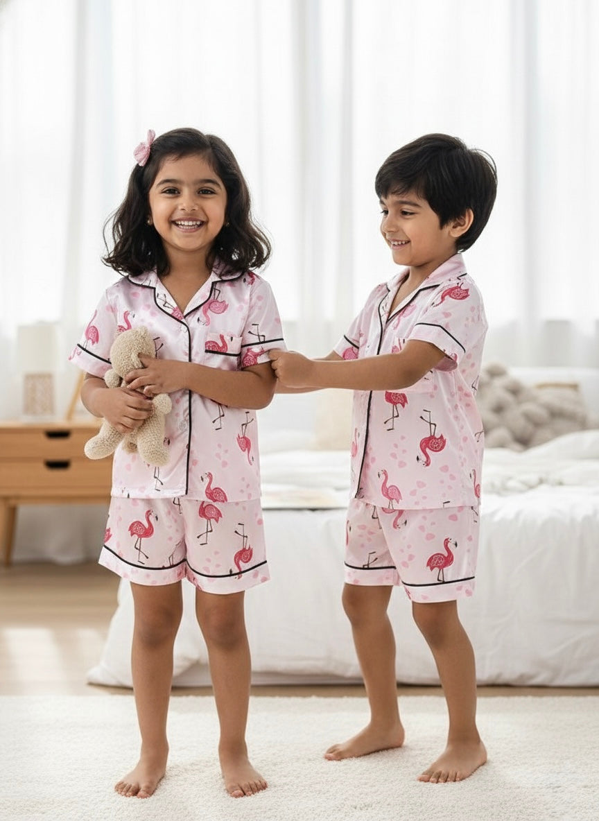 Girls Pink Flamingo Satin Night Suit Set – Premium Full Sleeve Pajama Set