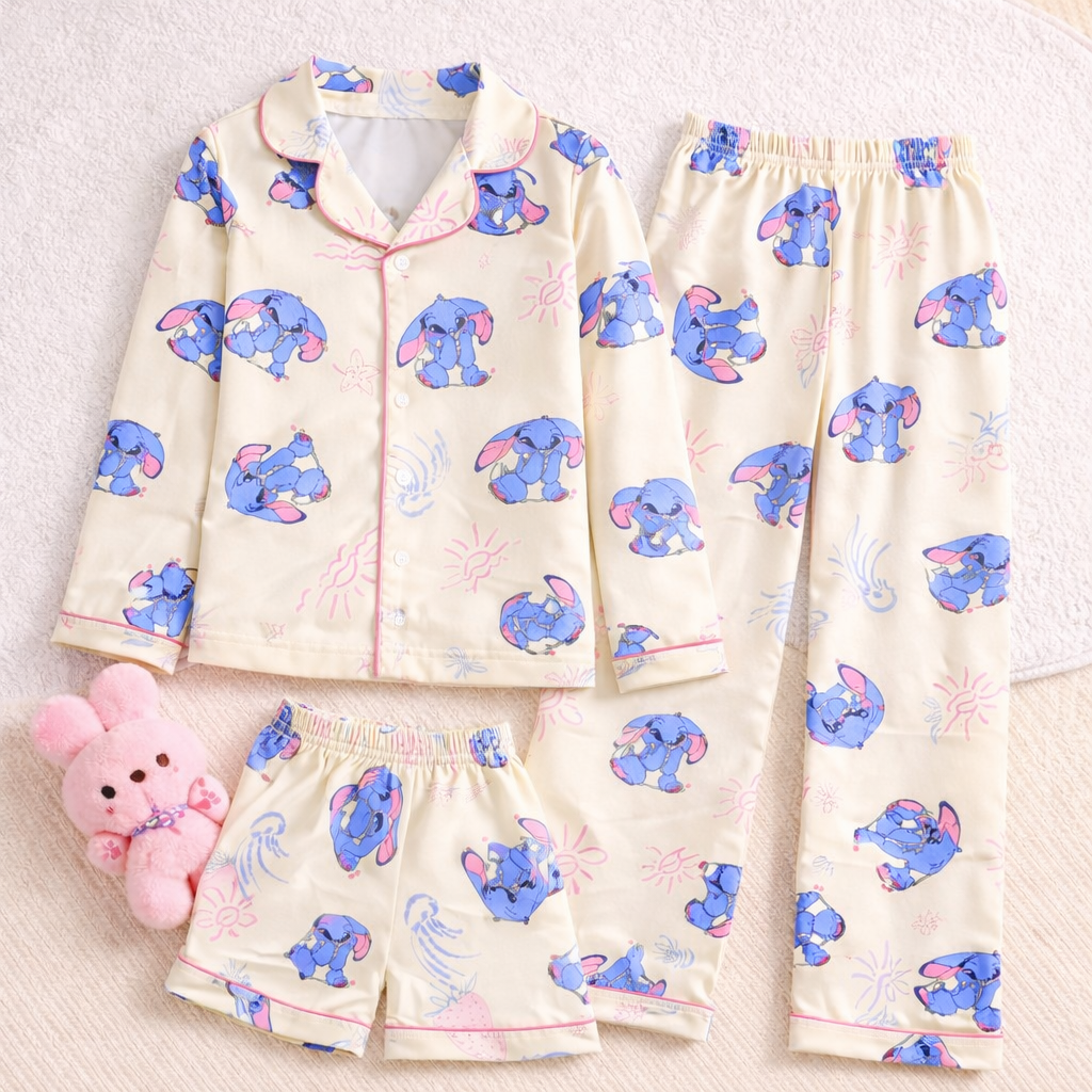 Kids Cream Cartoon Satin Night Suit Set – Cute Blue Character Pajama Set for Girls