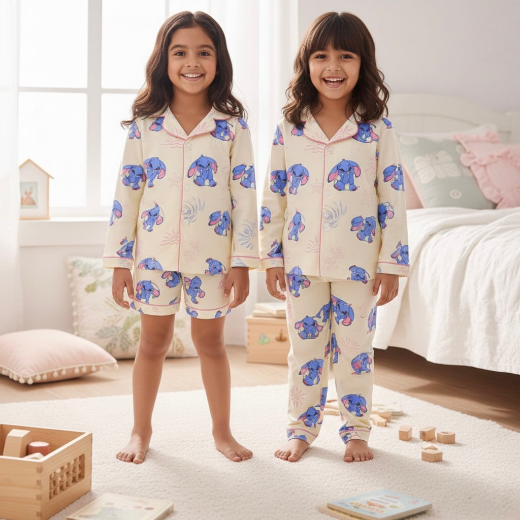 Kids Cream Cartoon Satin Night Suit Set – Cute Blue Character Pajama Set for Girls