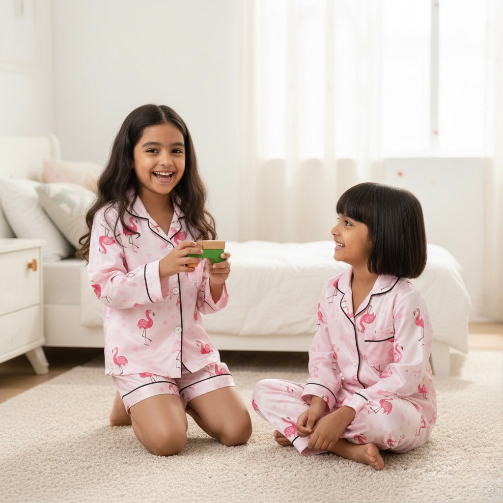 Girls Pink Flamingo Satin Night Suit Set – Premium Full Sleeve Pajama Set