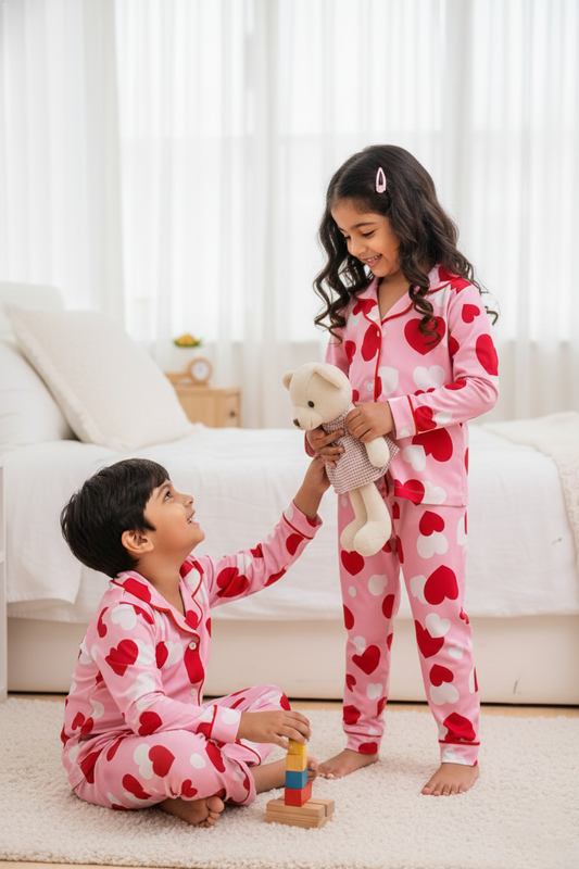 Girls Pink Heart Print Satin Night Suit Set – Cute Full Sleeve Pajama Set