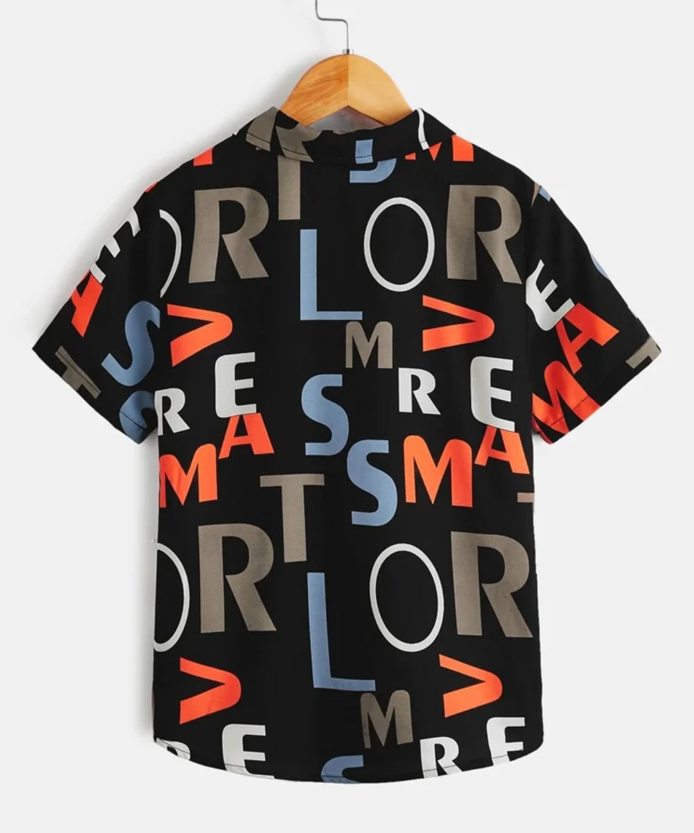 Bwools Black-O Letters Designer Print Button Front Shirt For Boy.