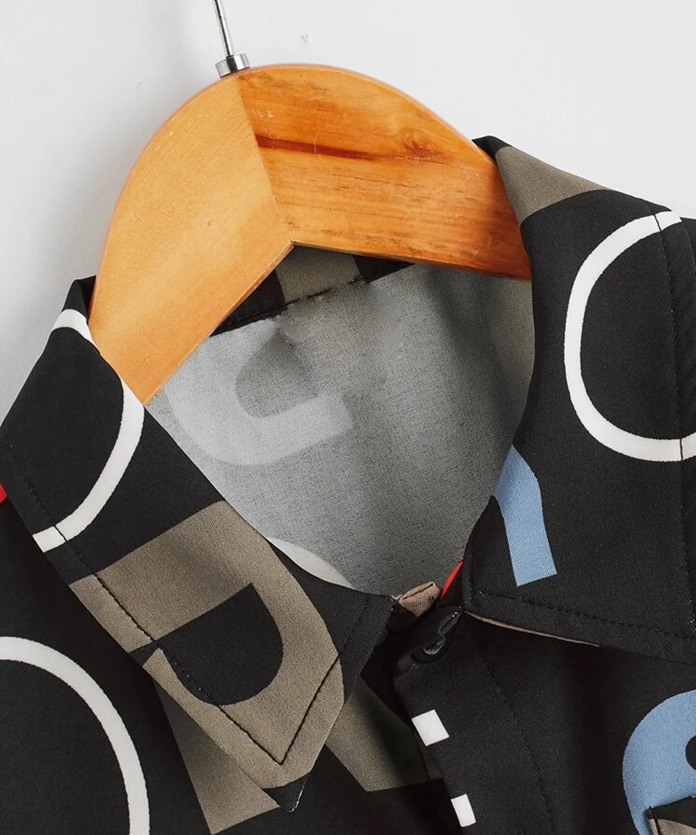 Bwools Black-O Letters Designer Print Button Front Shirt For Boy.