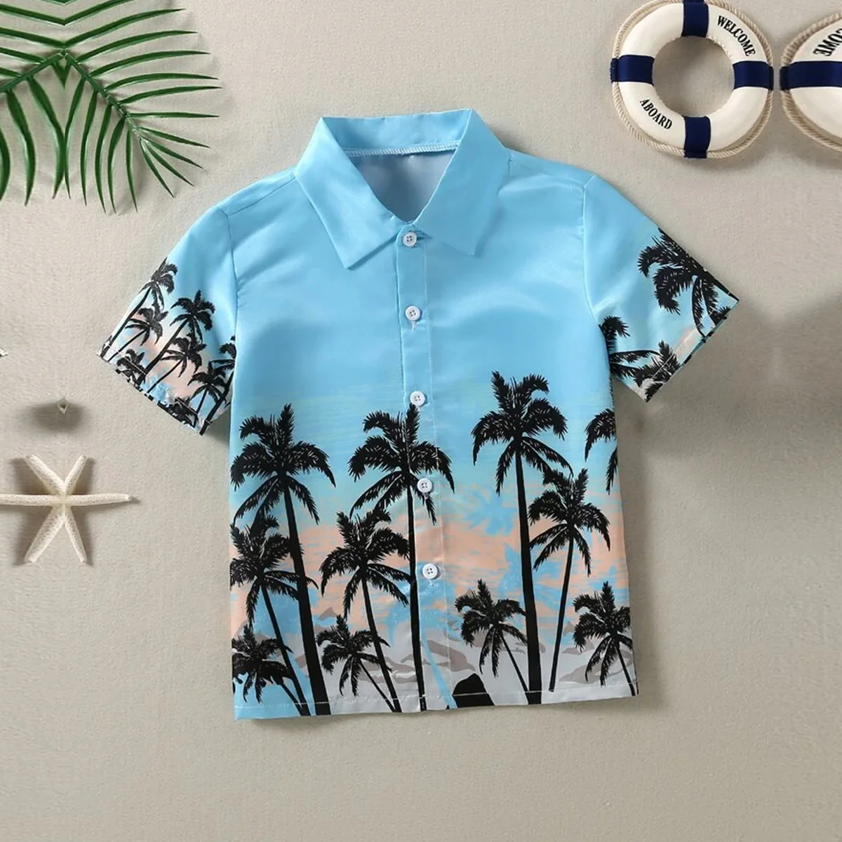 BWOOLS Sky Nariyeli Tropical Casual Tree Button Front Beach Short Sleeve Shirt For Boys.