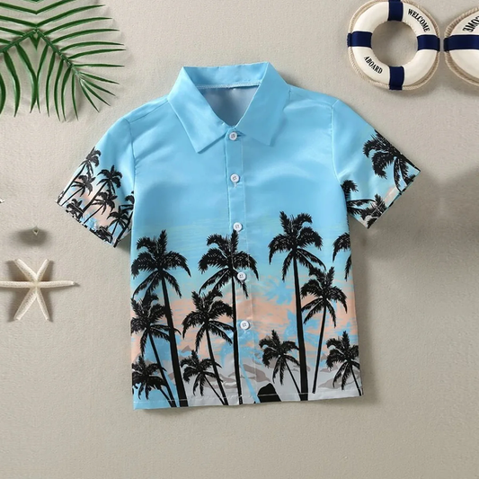 BWOOLS Sky Nariyeli Tropical Casual Tree Button Front Beach Short Sleeve Shirt For Boys.
