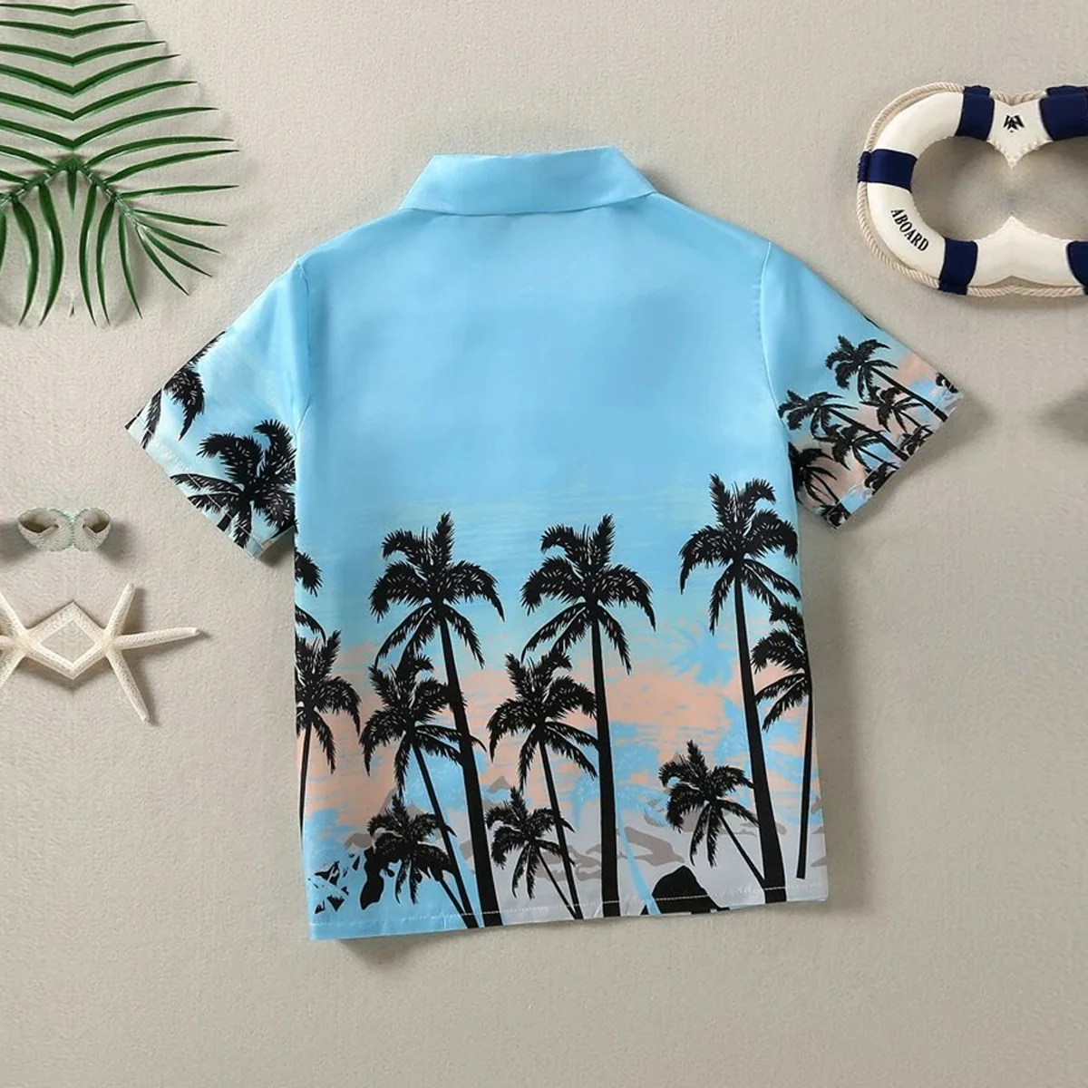 BWOOLS Sky Nariyeli Tropical Casual Tree Button Front Beach Short Sleeve Shirt For Boys.