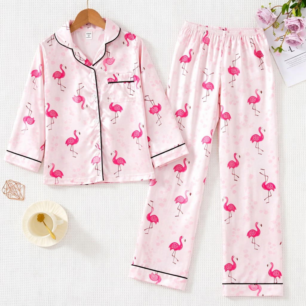 Girls Pink Flamingo Satin Night Suit Set – Premium Full Sleeve Pajama Set