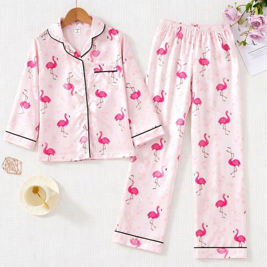 Girls Pink Flamingo Satin Night Suit Set – Premium Full Sleeve Pajama Set