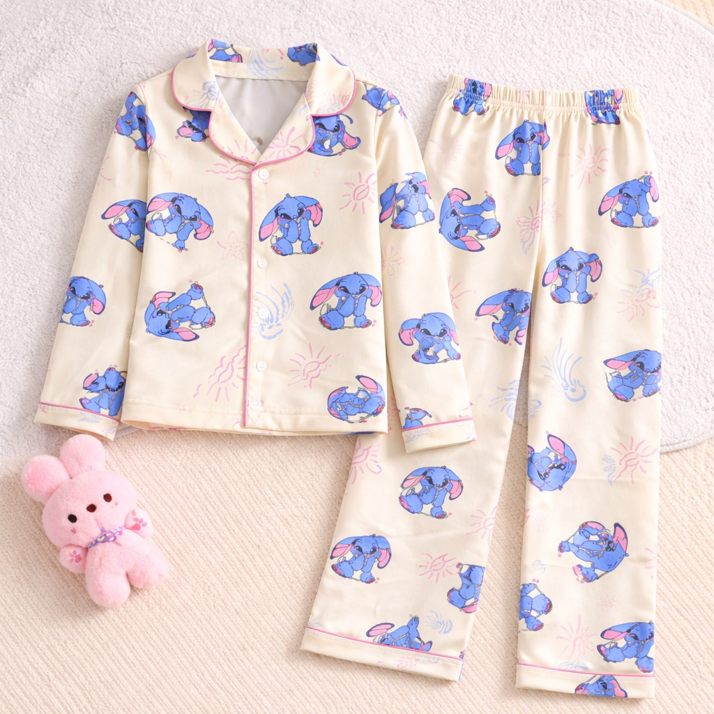 Kids Cream Cartoon Satin Night Suit Set – Cute Blue Character Pajama Set for Girls