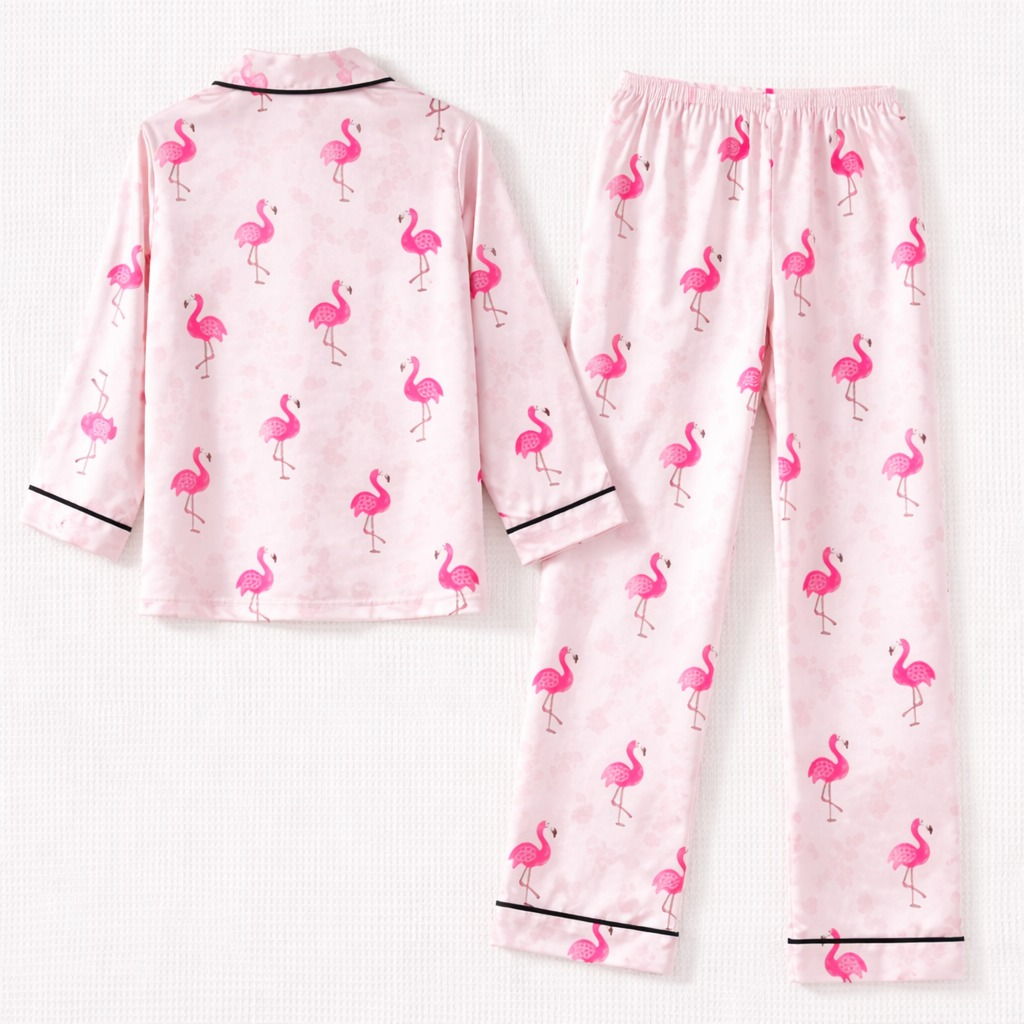 Girls Pink Flamingo Satin Night Suit Set – Premium Full Sleeve Pajama Set
