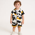 Stylish Orange-Black Graphical Unisex Short Set .