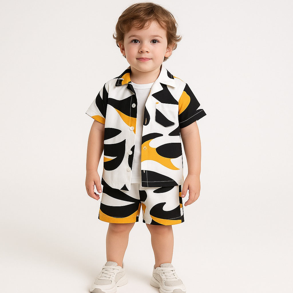 Stylish Orange-Black Graphical Unisex Short Set .