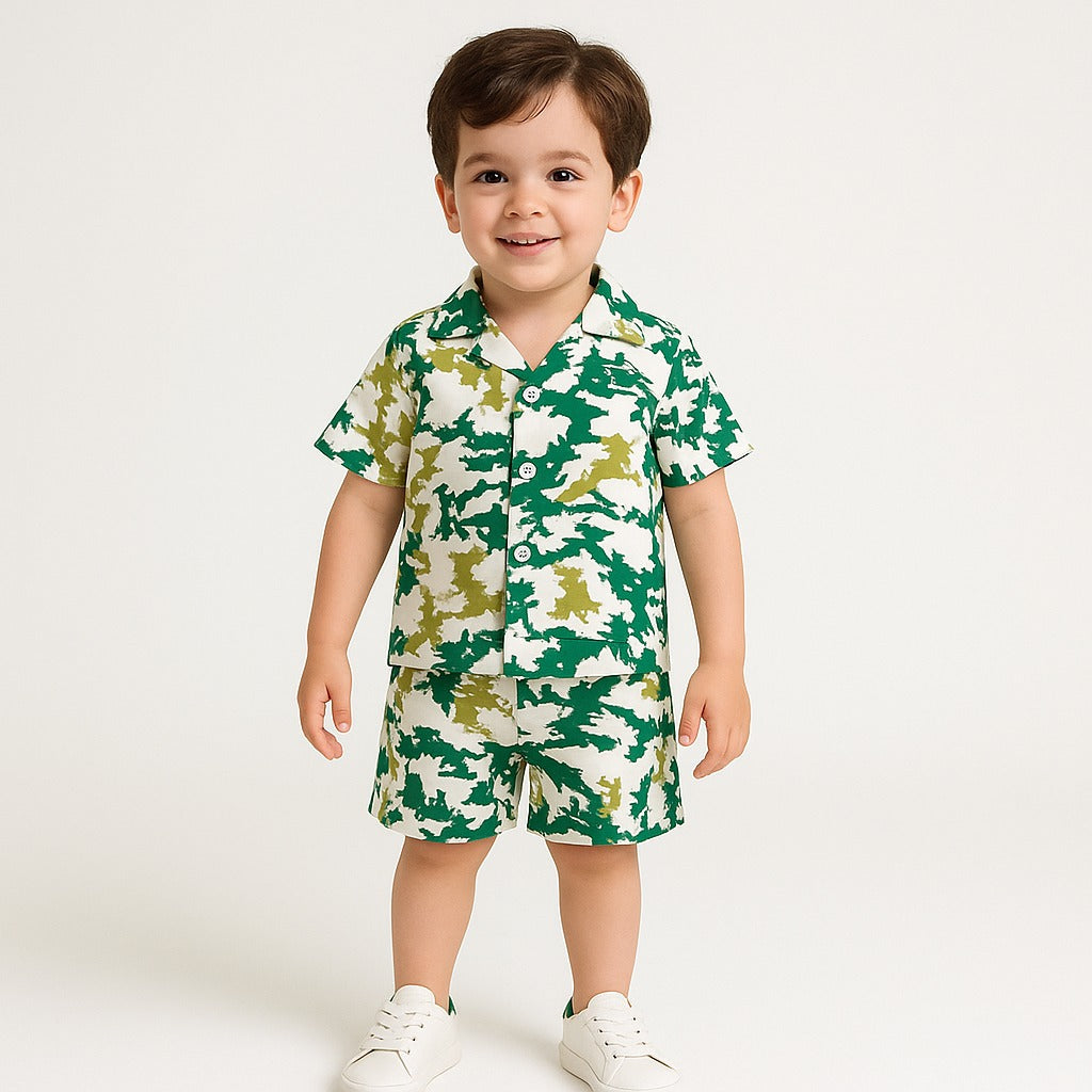 Beautiful Green-Yellow Printed Unisex Top & Bottom Set .