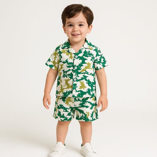 Beautiful Green-Yellow Printed Unisex Top & Bottom Set .