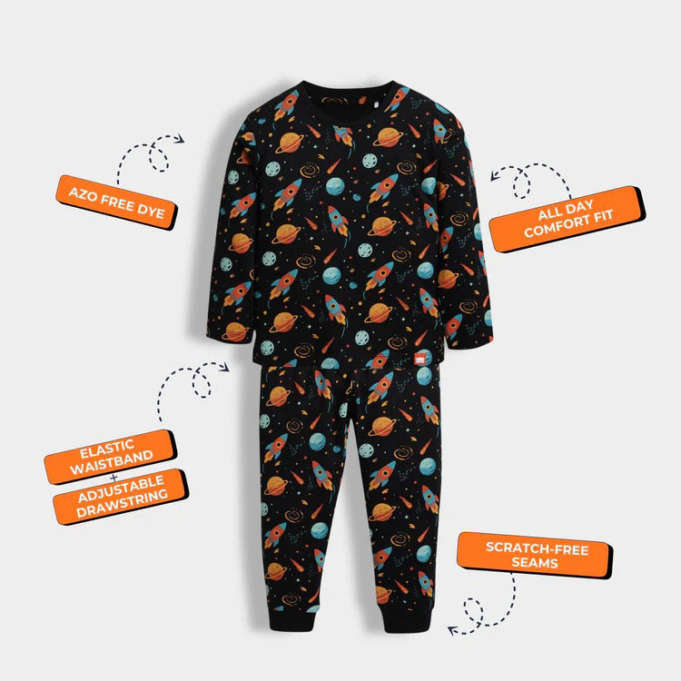 Kids Space Print suit Set – Rocket & Planet Design Full Sleeves Pajama Suit