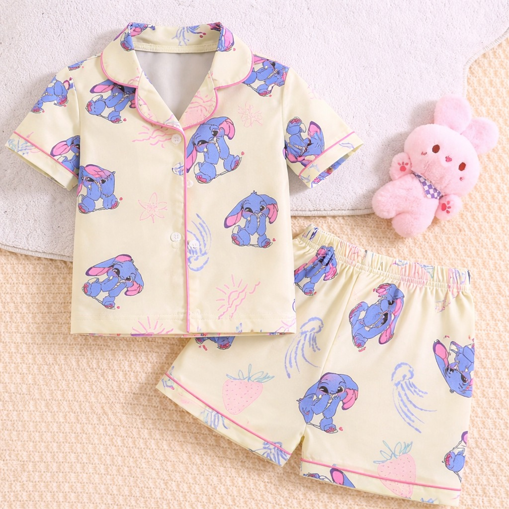 Kids Cream Cartoon Satin Night Suit Set – Cute Blue Character Pajama Set for Girls