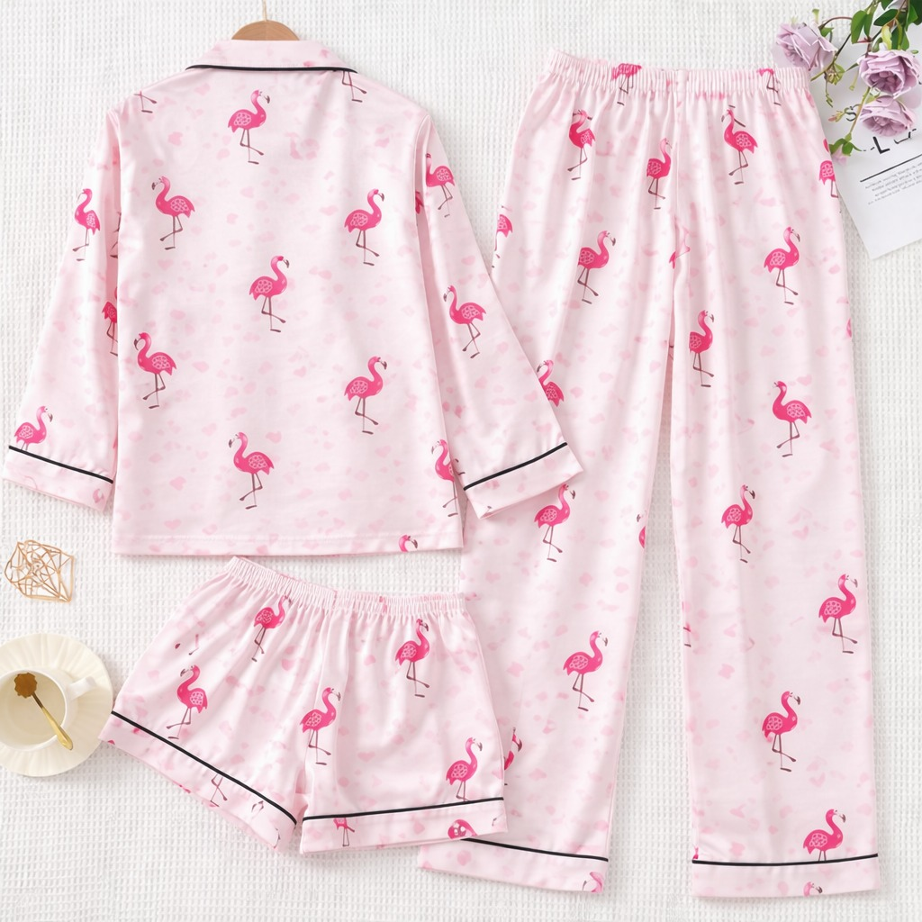 Girls Pink Flamingo Satin Night Suit Set – Premium Full Sleeve Pajama Set