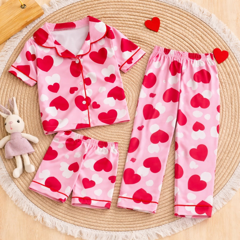 Girls Pink Heart Print Satin Night Suit Set – Cute Full Sleeve Pajama Set
