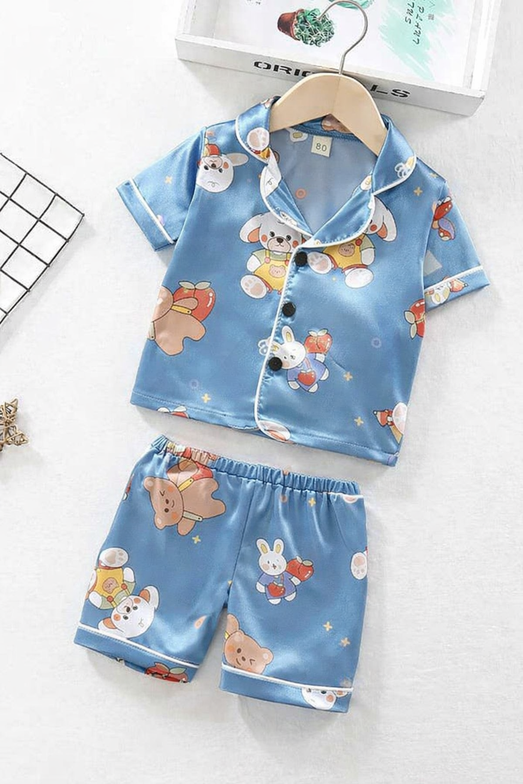 Cute Cartoon Satin Kids Night Suit Set – Blue Pajama Set