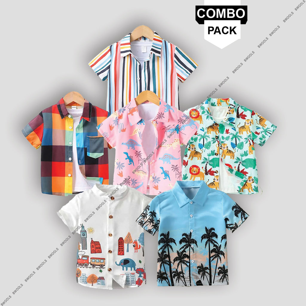 Stylish Multicolors Sky Naryeli  Colourful Graphic Designer Button Front Shirt For Boys ( Pack of 6)