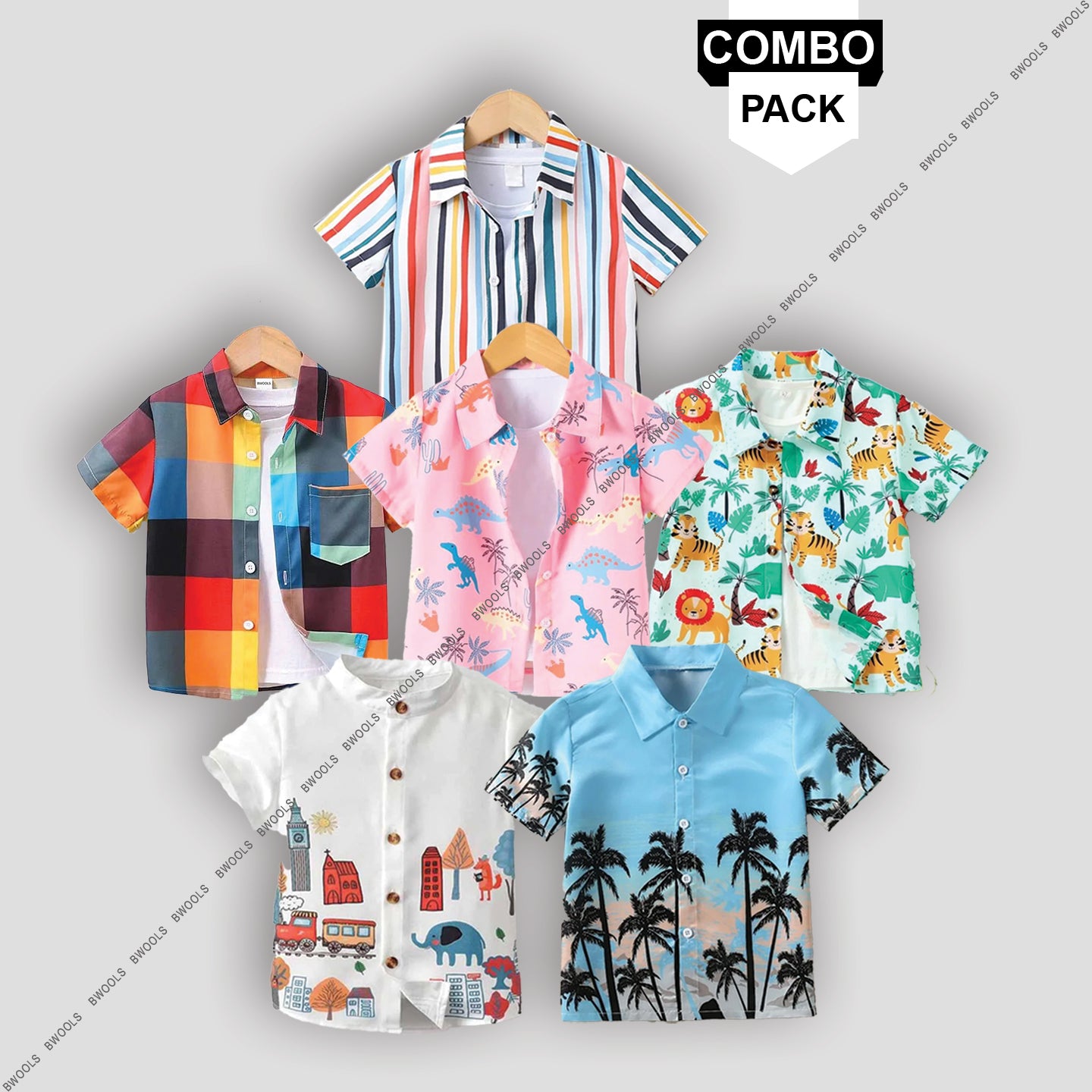 Stylish Multicolors Sky Naryeli  Colourful Graphic Designer Button Front Shirt For Boys ( Pack of 6)